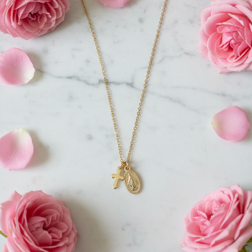 Miraculous Medal Cross Necklace in 14K Gold Plated Stainless Steel