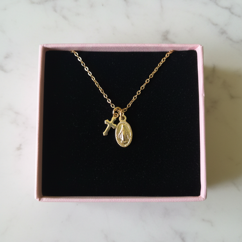 Miraculous Medal Cross Necklace in 14K Gold Plated Stainless Steel