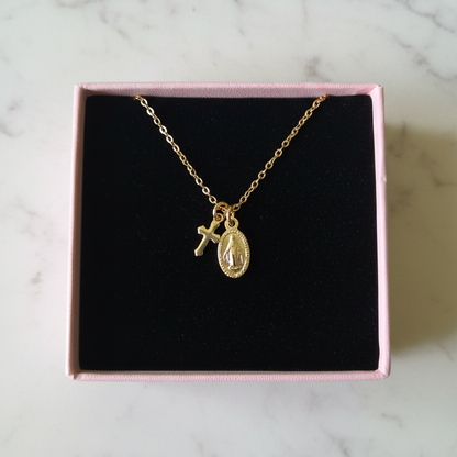 Miraculous Medal Cross Necklace in 14K Gold Plated Stainless Steel