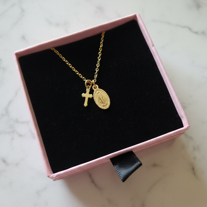 Miraculous Medal Cross Necklace in 14K Gold Plated Stainless Steel