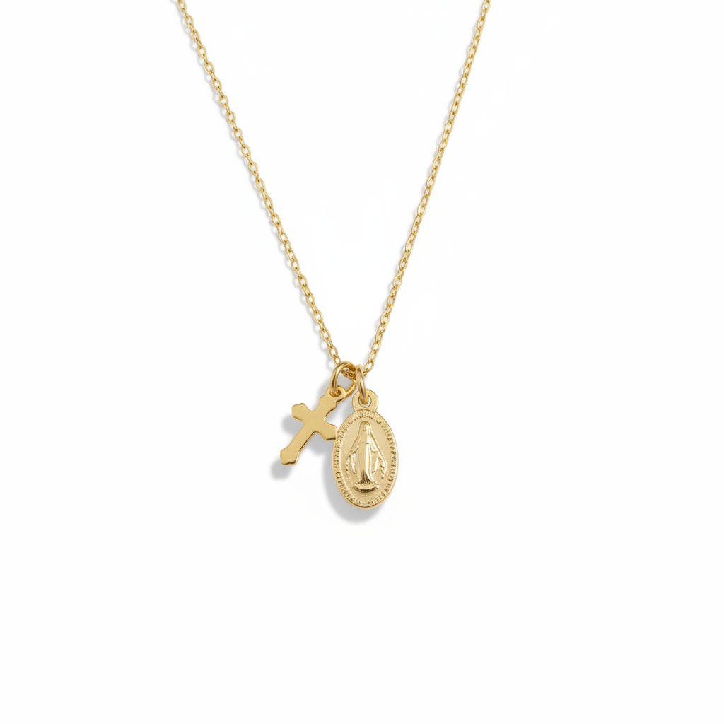 Miraculous Medal Cross Necklace in 14K Gold Plated Stainless Steel