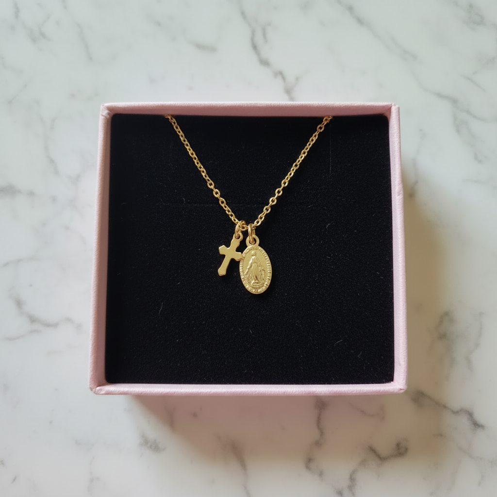 Miraculous Medal Cross Necklace in 14K Gold Plated Stainless Steel