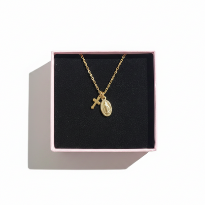 Miraculous Medal Cross Necklace in 14K Gold Plated Stainless Steel