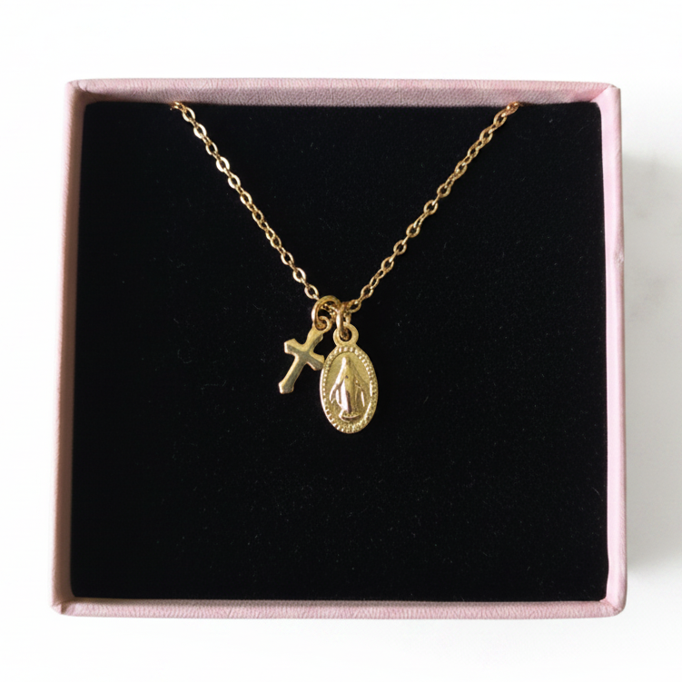 Miraculous Medal Cross Necklace in 14K Gold Plated Stainless Steel