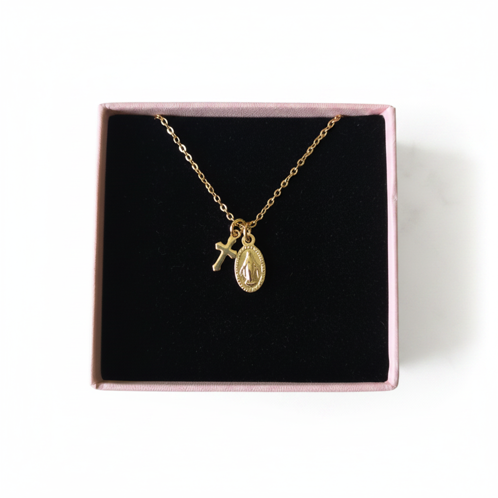 Miraculous Medal Cross Necklace in 14K Gold Plated Stainless Steel