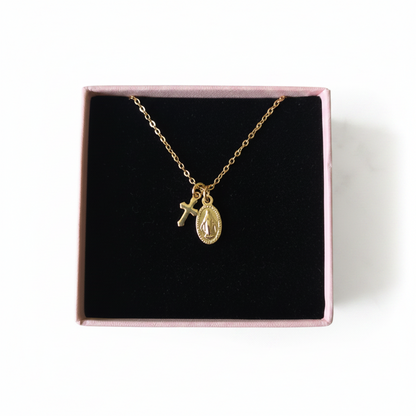 Miraculous Medal Cross Necklace in 14K Gold Plated Stainless Steel