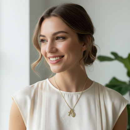 Miraculous Medal Cross Necklace in 14K Gold Plated Stainless Steel