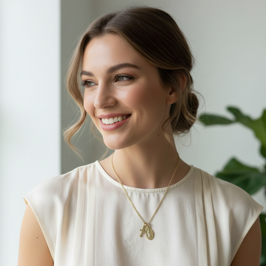 Miraculous Medal Cross Necklace in 14K Gold Plated Stainless Steel