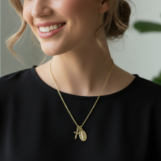 Miraculous Medal Cross Necklace in 14K Gold Plated Stainless Steel