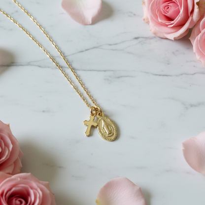 Miraculous Medal Cross Necklace in 14K Gold Plated Stainless Steel