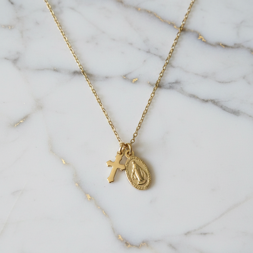 Miraculous Medal Cross Necklace in 14K Gold Plated Stainless Steel