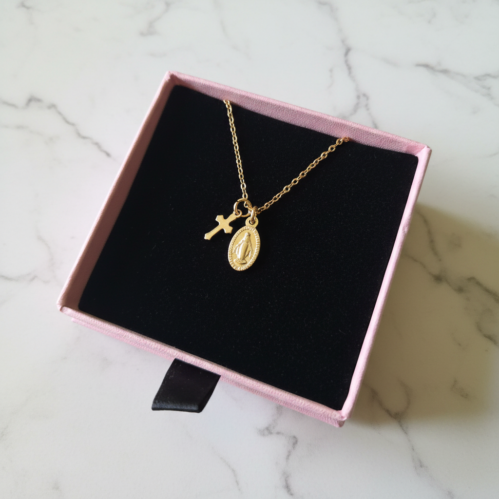 Miraculous Medal Cross Necklace in 14K Gold Plated Stainless Steel
