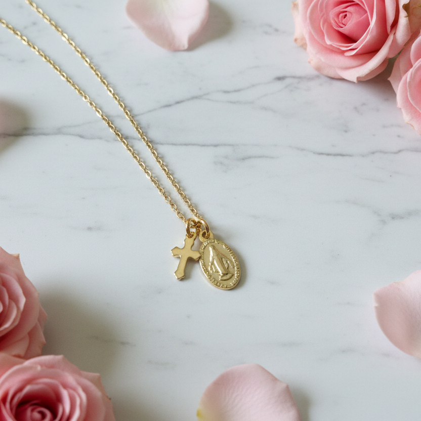 Miraculous Medal Cross Necklace in Gold Stainless Steel