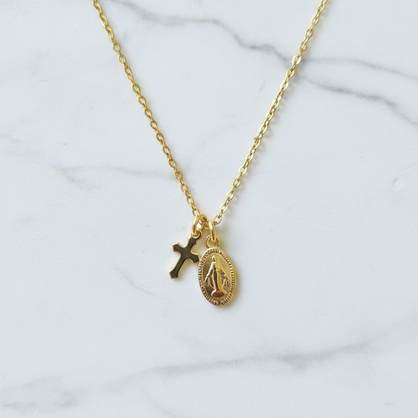 Miraculous Medal Cross Necklace in Gold Stainless Steel
