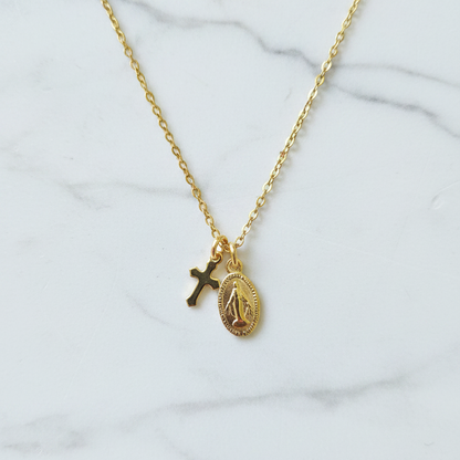Miraculous Medal Cross Necklace in Gold Stainless Steel
