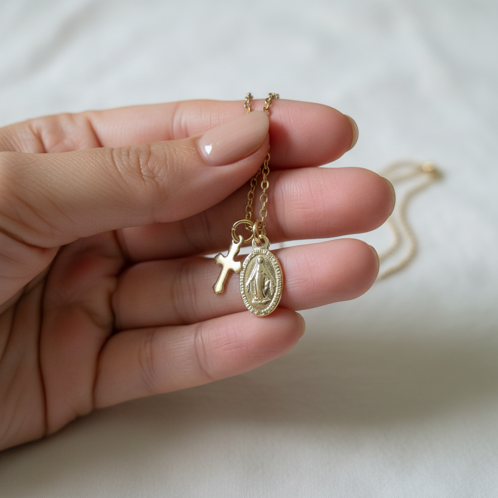 Miraculous Medal Cross Necklace in Gold Stainless Steel