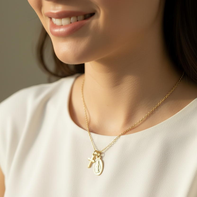 Miraculous Medal Cross Necklace in Gold Stainless Steel