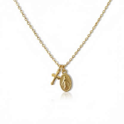 Miraculous Medal Cross Necklace in Gold Stainless Steel