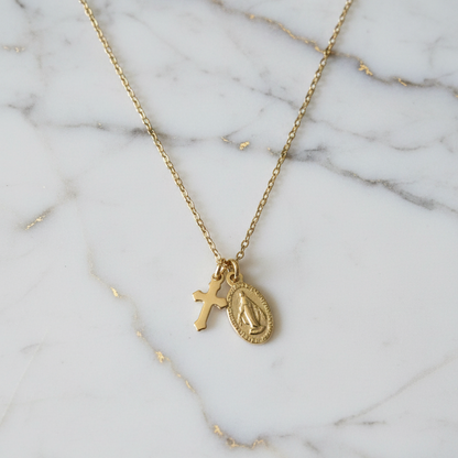 Miraculous Medal Cross Necklace in Gold Stainless Steel