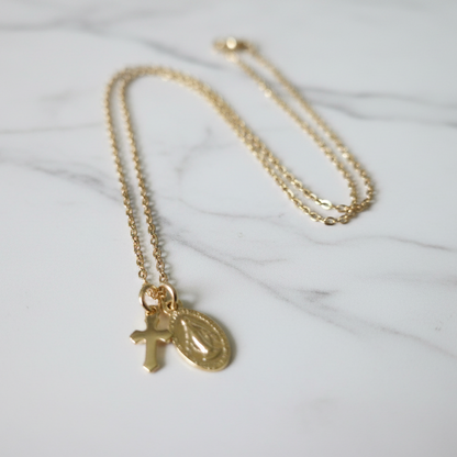 Miraculous Medal Cross Necklace in Gold Stainless Steel