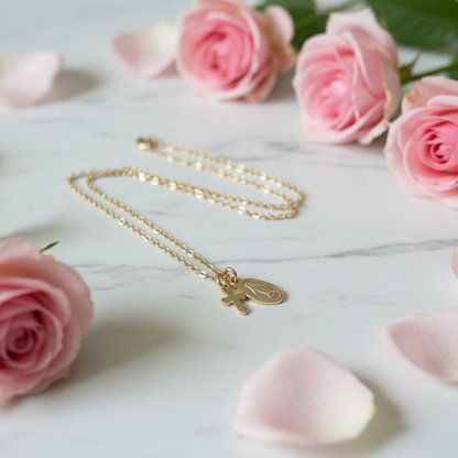 Miraculous Medal Cross Necklace in Gold Stainless Steel