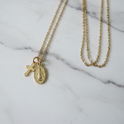 Miraculous Medal Cross Necklace in Gold Stainless Steel