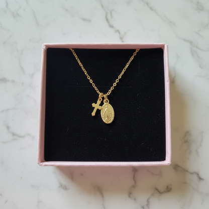 Miraculous Medal Cross Necklace in Gold Stainless Steel with Gift Box