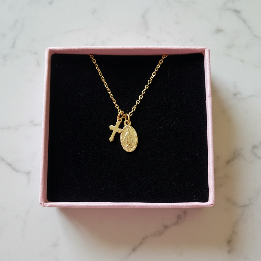 Miraculous Medal Cross Necklace in Gold Stainless Steel with Gift Box