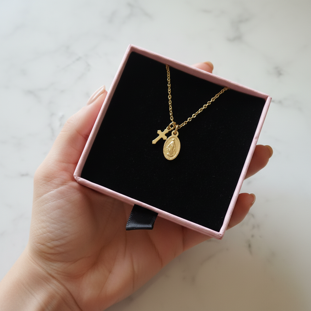 Miraculous Medal Cross Necklace in Gold Stainless Steel with Gift Box
