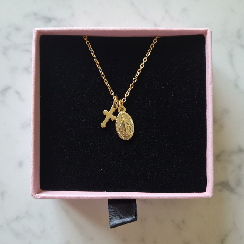 Miraculous Medal Cross Necklace in Gold Stainless Steel with Gift Box