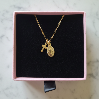 Miraculous Medal Cross Necklace in Gold Stainless Steel with Gift Box