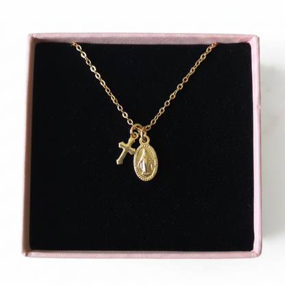 Miraculous Medal Cross Necklace in Gold Stainless Steel with Gift Box