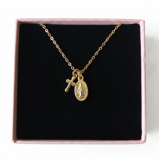 Miraculous Medal Cross Necklace in Gold Stainless Steel with Gift Box