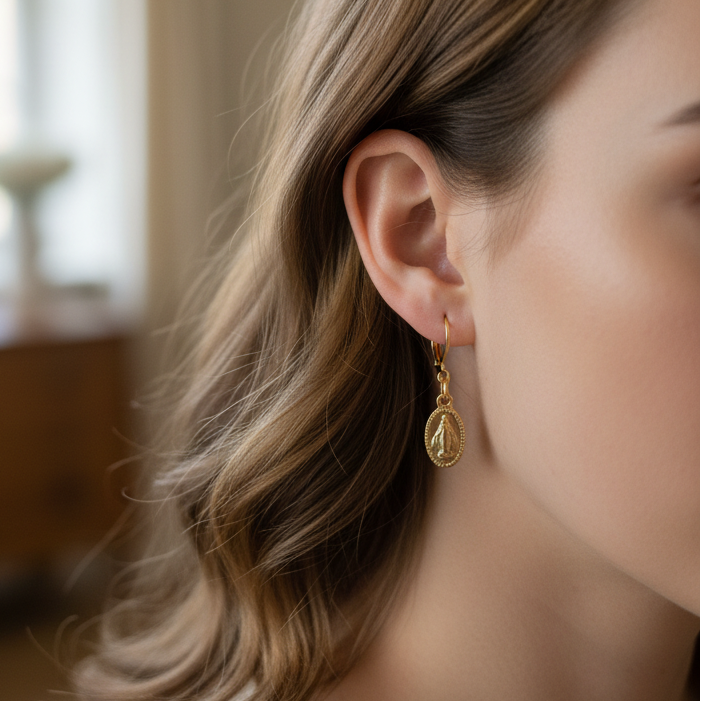 Miraculous Medal Earrings in 24K Gold Plated Stainless Steel