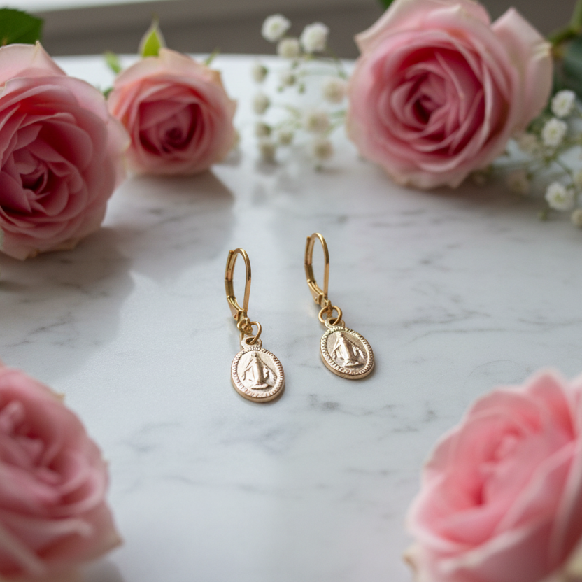 Miraculous Medal Earrings in Gold Stainless Steel