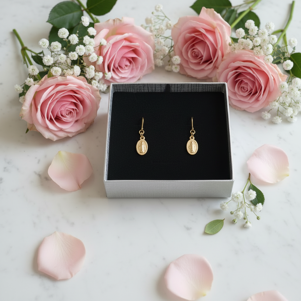 Miraculous Medal Earrings in Gold Stainless Steel with Gift Box