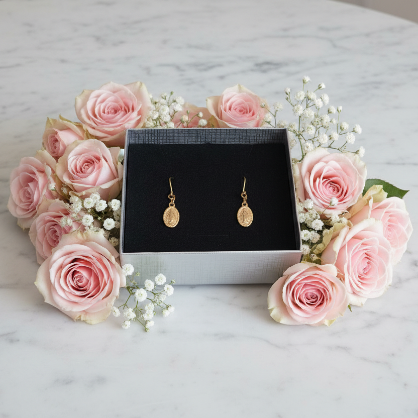 Miraculous Medal Earrings in Gold Stainless Steel with Gift Box