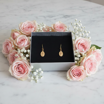 Miraculous Medal Earrings in Gold Stainless Steel with Gift Box