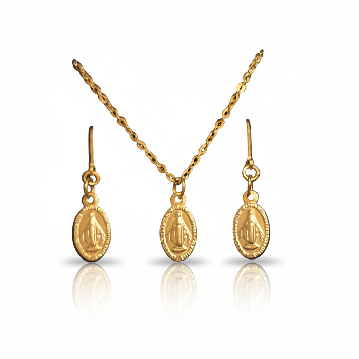 Miraculous Medal Necklace and Earrings Set in Gold Stainless Steel