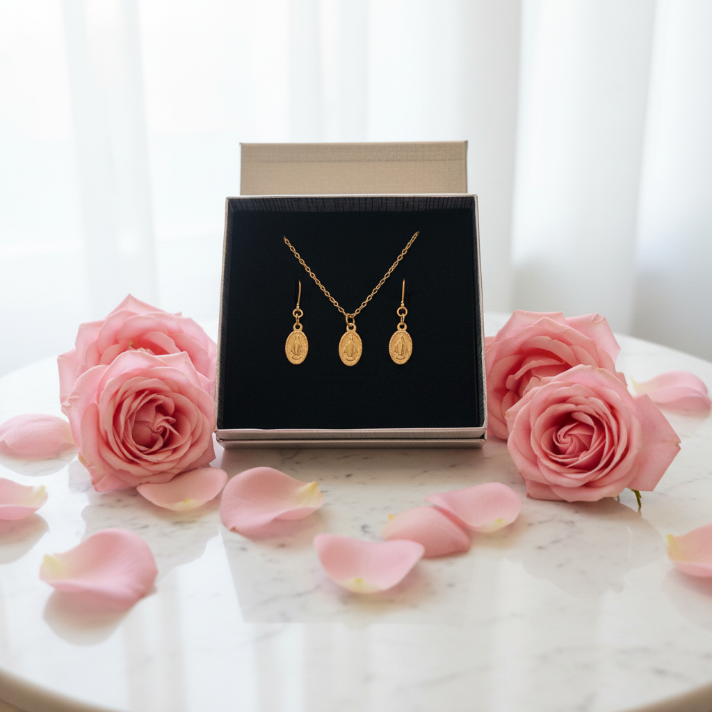 Miraculous Medal Necklace and Earrings Set in Gold Stainless Steel