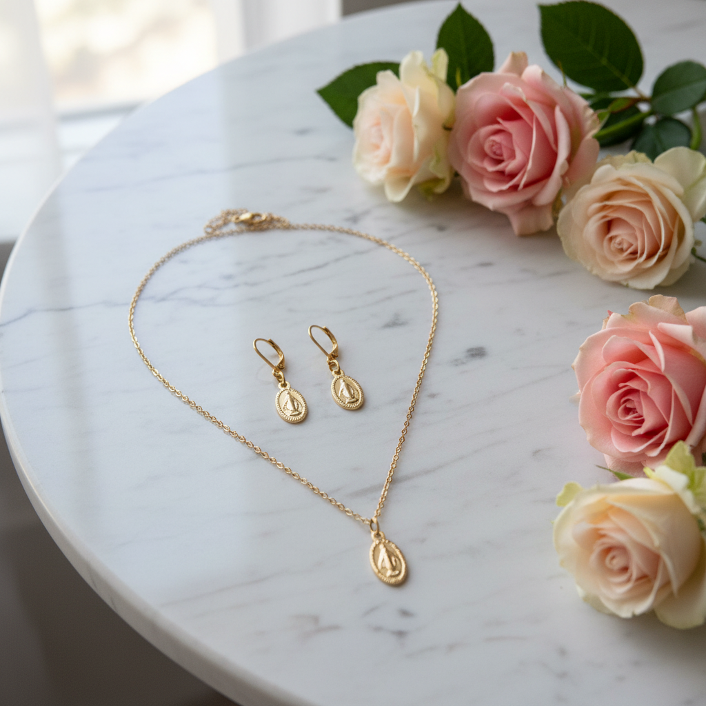 Miraculous Medal Necklace and Earrings Set in Gold Stainless Steel