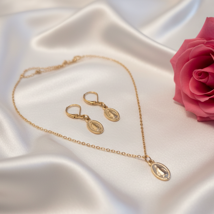 Miraculous Medal Necklace and Earrings Set in Gold Stainless Steel