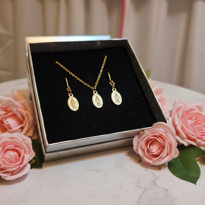 Miraculous Medal Necklace and Earrings Set in Gold Stainless Steel