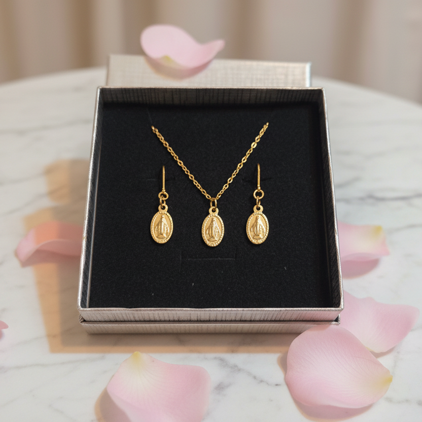 Miraculous Medal Necklace and Earrings Set in Gold Stainless Steel