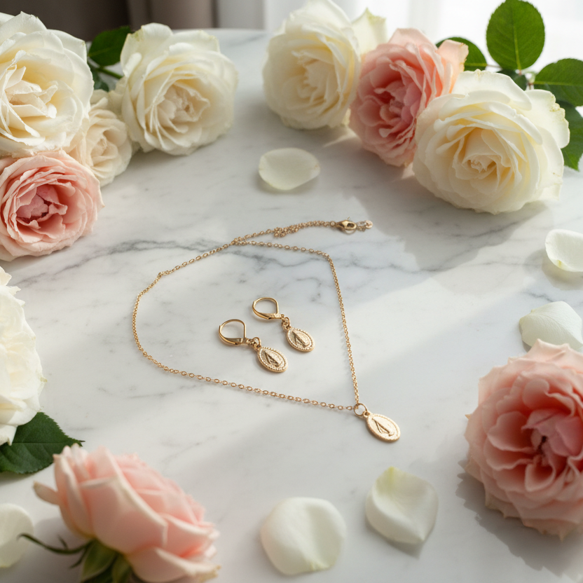 Miraculous Medal Necklace and Earrings Set in Gold Stainless Steel