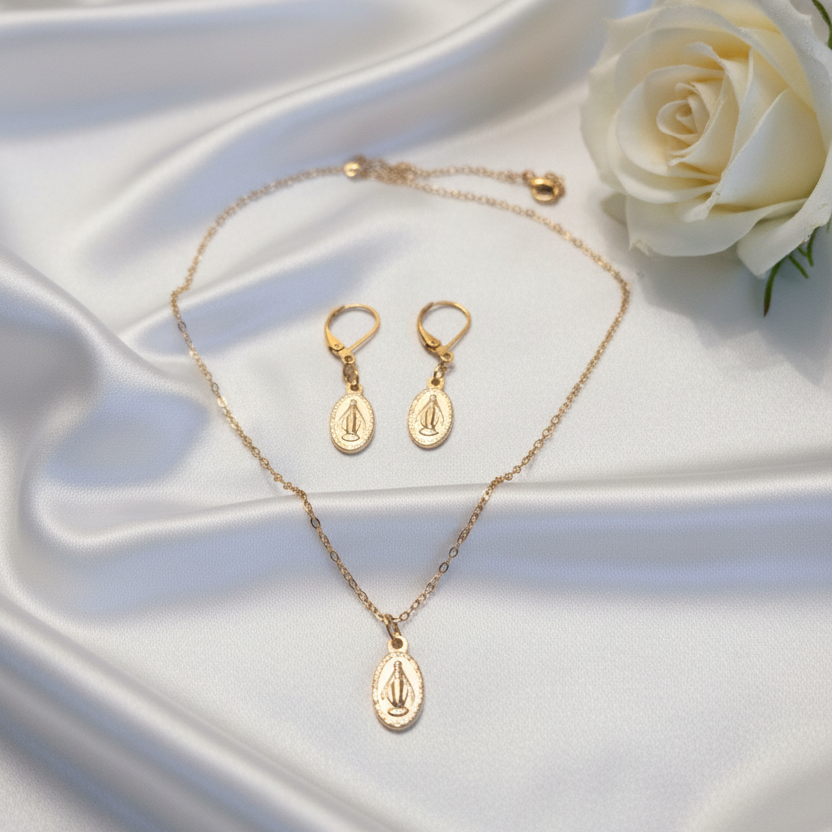 Miraculous Medal Necklace and Earrings Set in Gold Stainless Steel