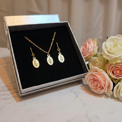 Miraculous Medal Necklace and Earrings Set in Gold Stainless Steel