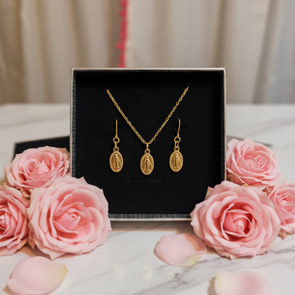 Miraculous Medal Necklace and Earrings Set in Gold Stainless Steel