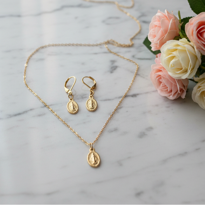 Miraculous Medal Necklace and Earrings Set in Gold Stainless Steel