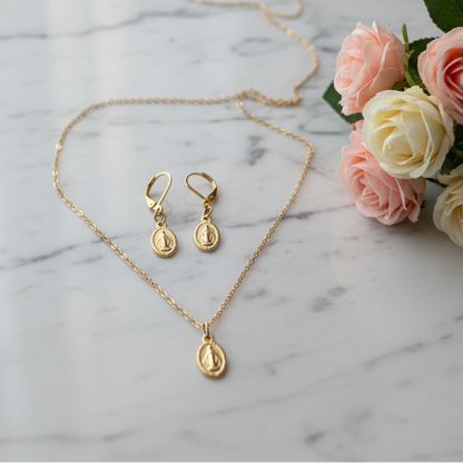Miraculous Medal Necklace and Earrings Set in Gold Stainless Steel